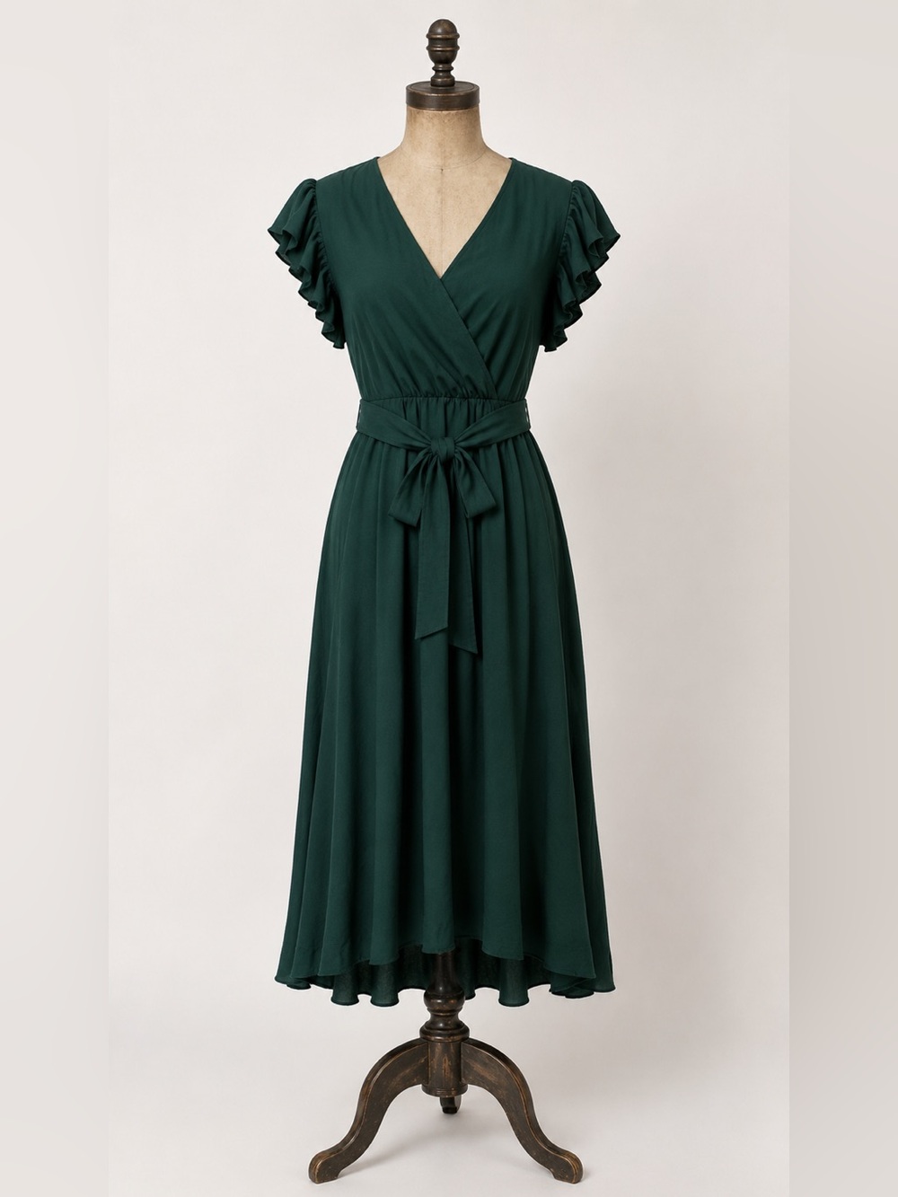 Forest Green Flutter Sleeve Wrap Dress β Size Medium β Elegant Midi Dress - Picture 5 of 9